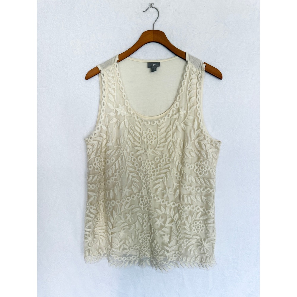 J.Jill Embroidered Mesh Overlay Tank Top Women Petite Large Boho Cream Ivory